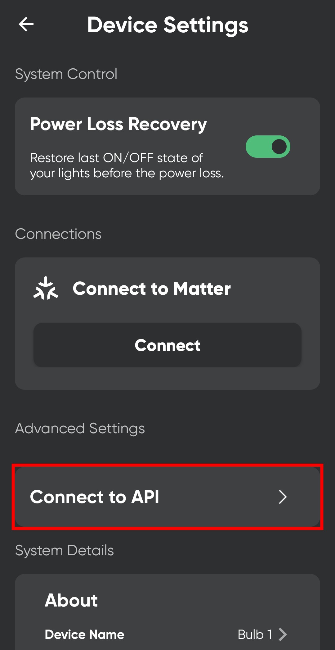 Connect to API option