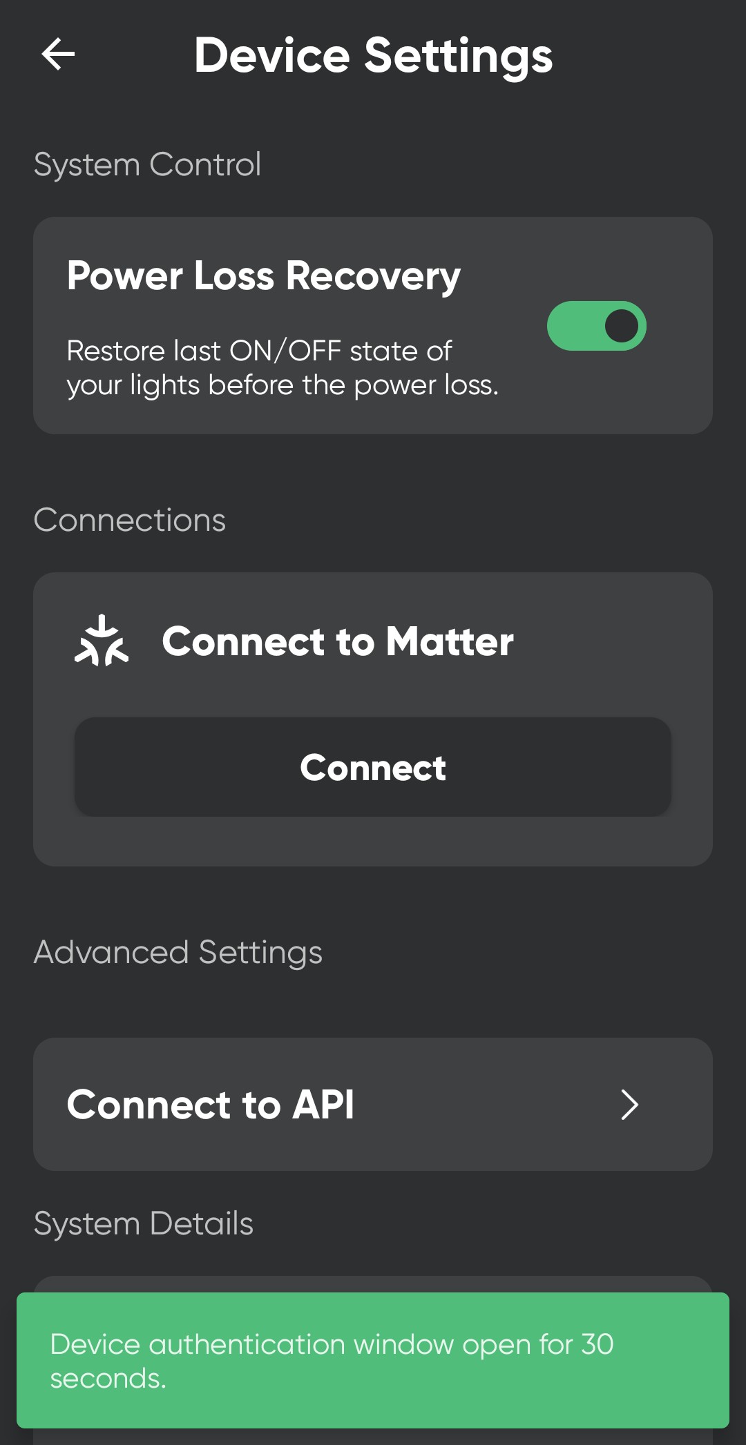 Nanoleaf API connection enabled