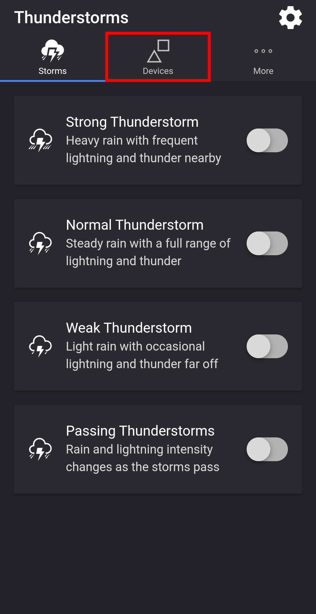 Devices tab in Thunderstorm, Soundstorm, or Firestorm for Nanoleaf