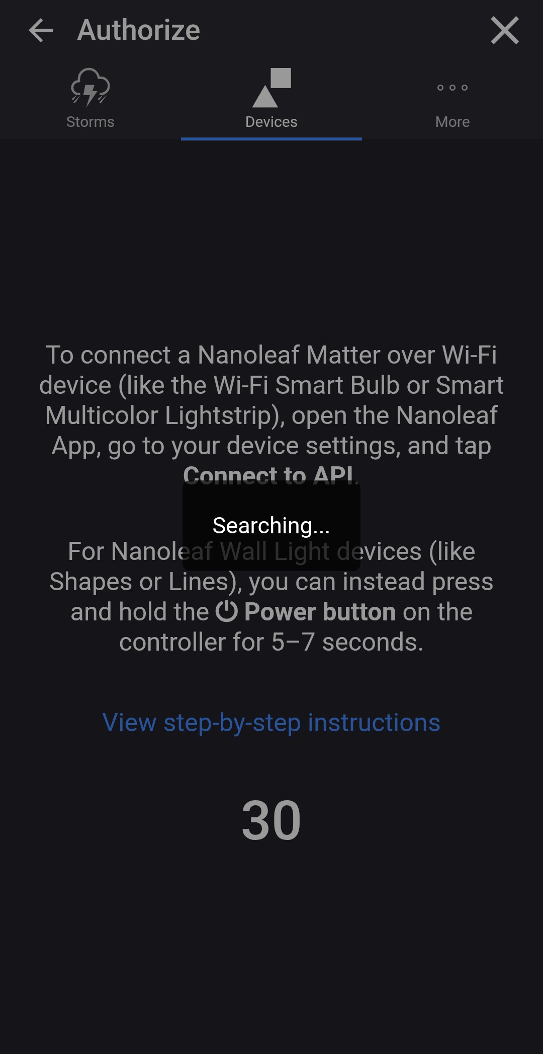 Searching in Thunderstorm, Soundstorm, or Firestorm for Nanoleaf